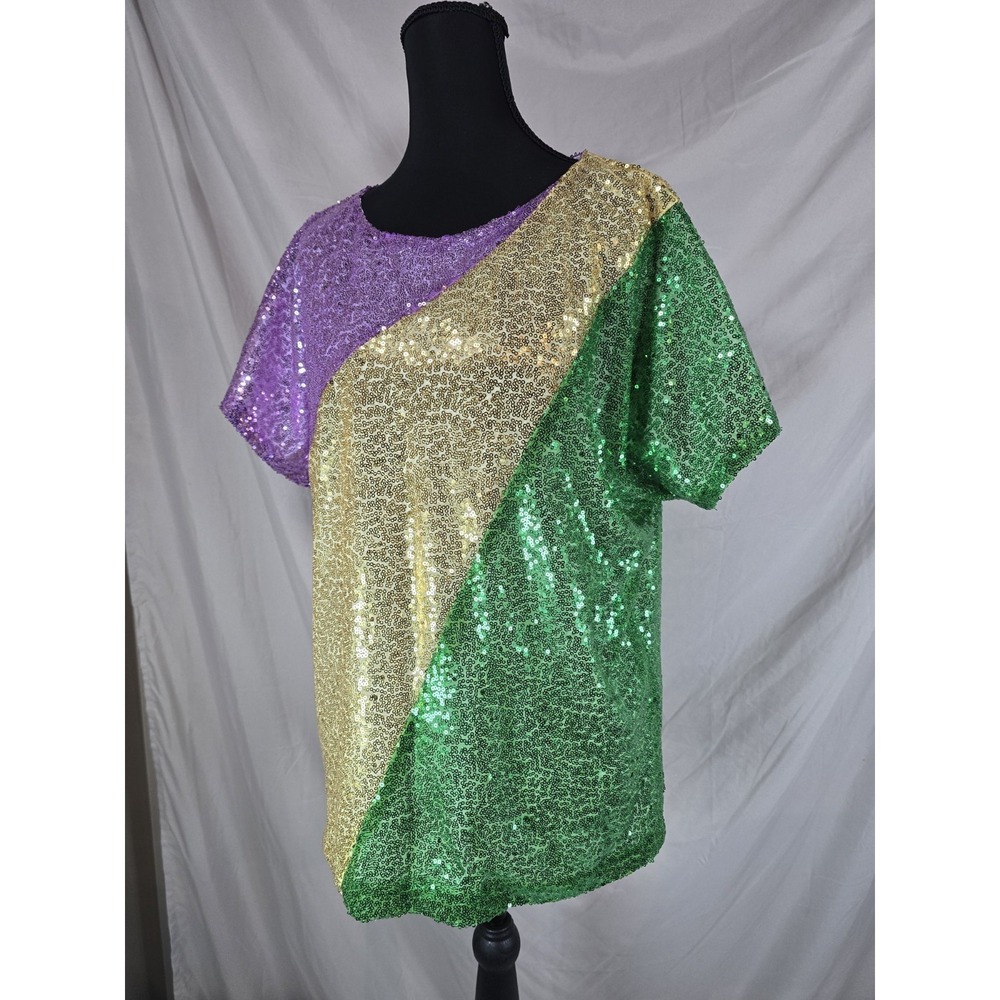 BiBi Mardi Gras Sequin Top Purple Gold Green Festival Party, Size Small